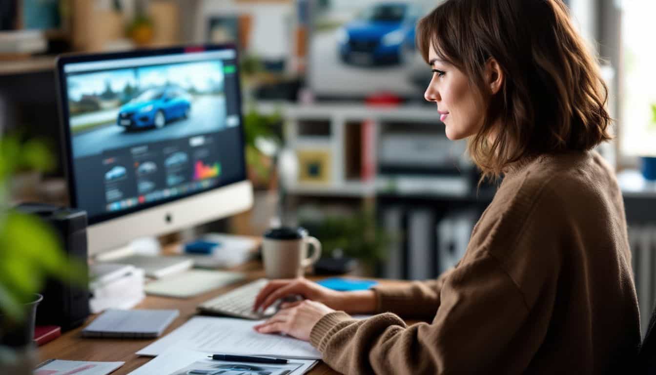 A woman in her 30s searches for affordable car models online.