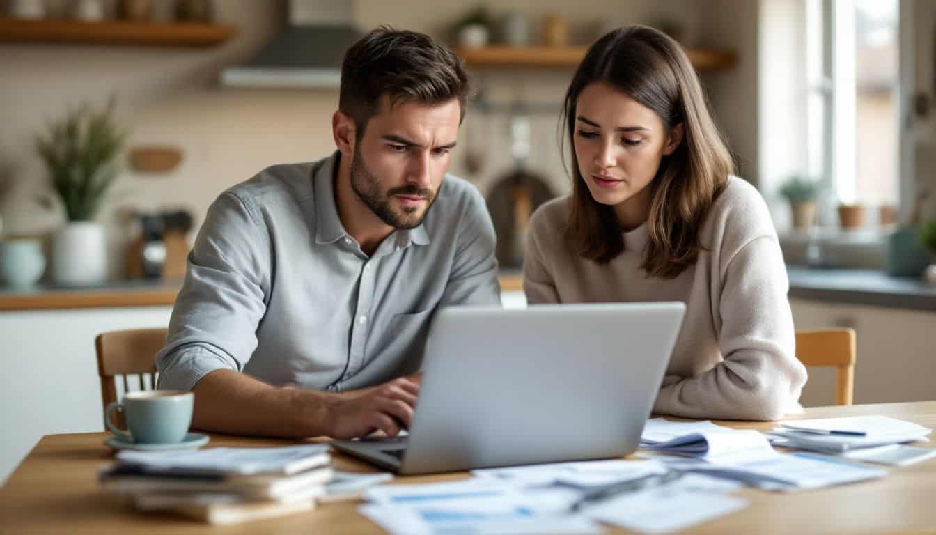 A couple in their 30s sits at a kitchen table managing expenses.