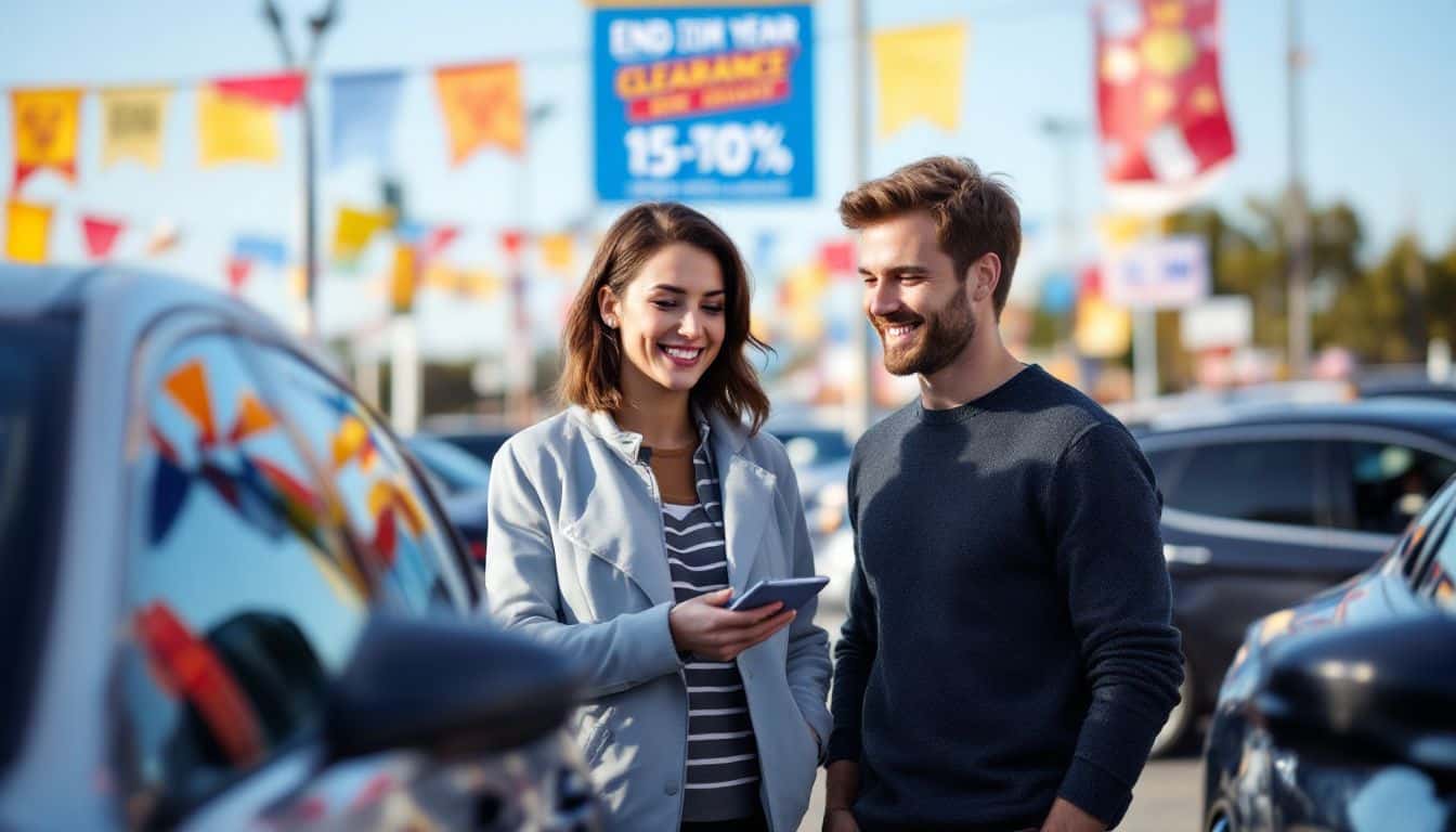 A couple in a car dealership, discussing end-of-year clearance event discounts.