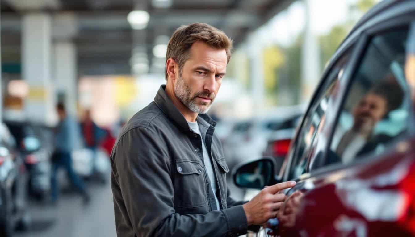 A man in his mid-40s examines used cars at a dealership.