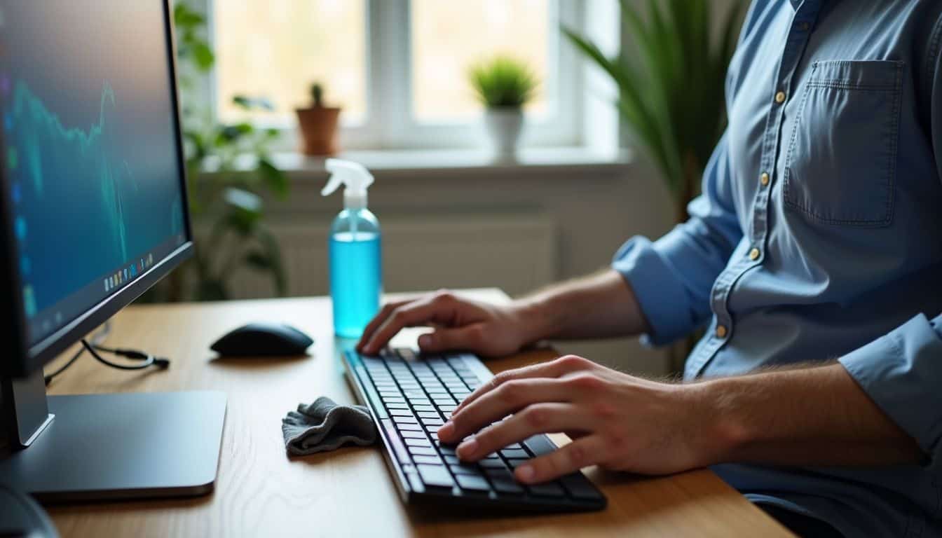 A man in his thirties cleaning his keyboard and monitor.