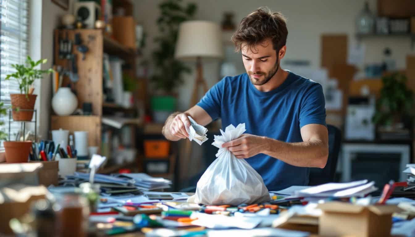 A person in their 30s declutters a home office desk.