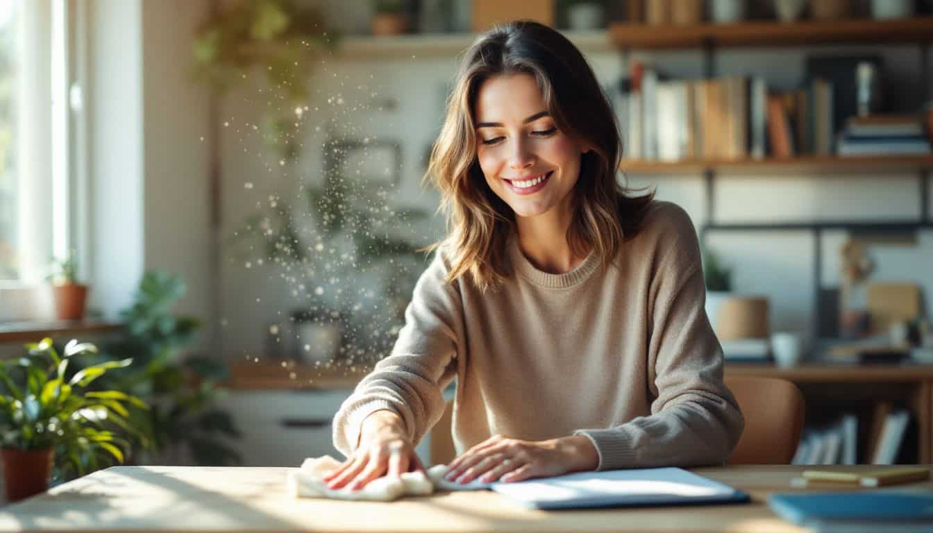 A woman dusts her home office desk with a microfiber cloth.