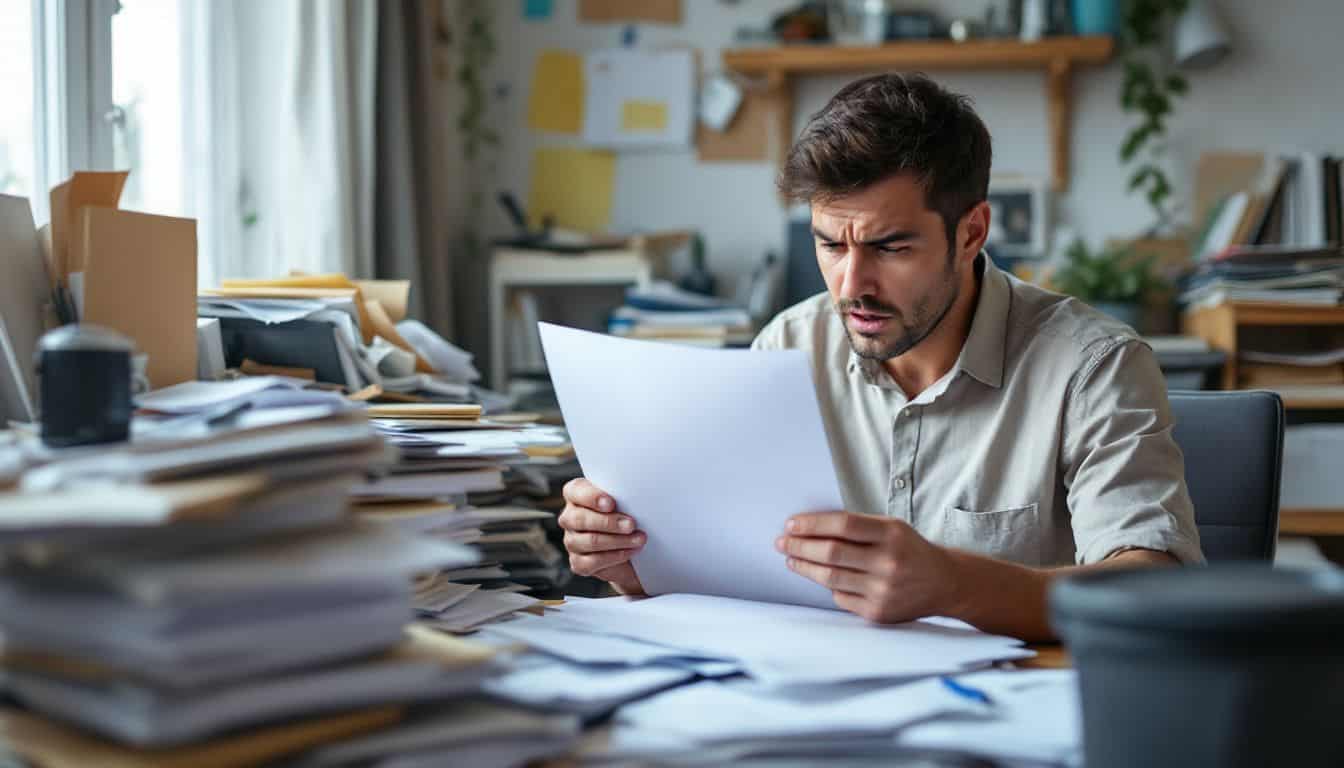 A person searches frantically for a document in a cluttered office.