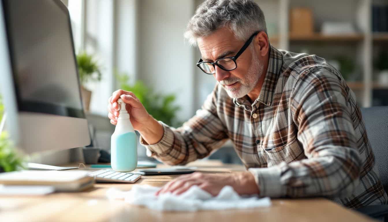 A middle-aged person cleaning their cluttered office desk.