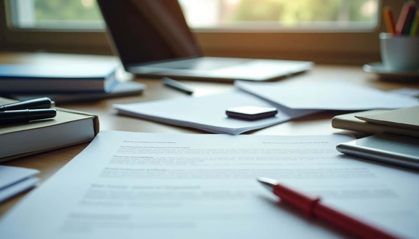 A cluttered office desk with scattered papers and supplies.