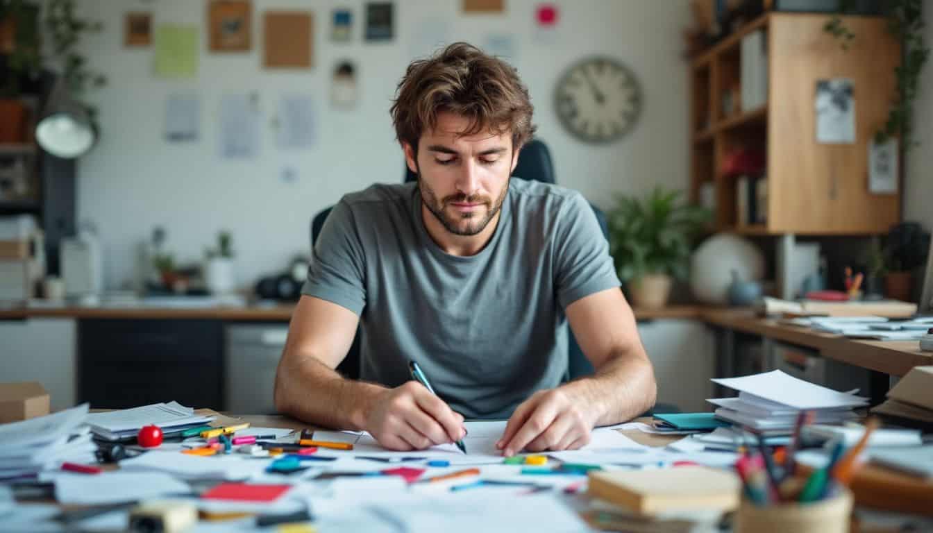 A person organizing a cluttered home office desk.