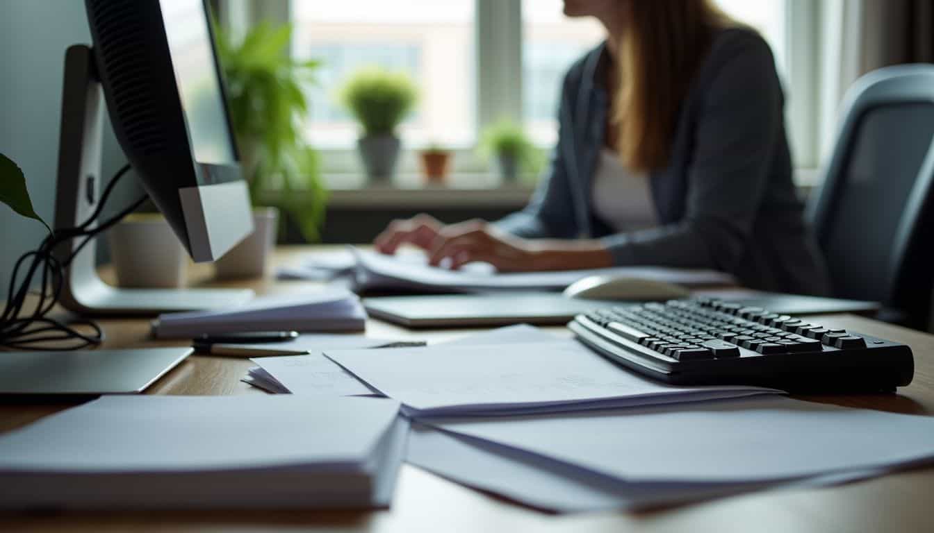 An untidy office desk with scattered papers and a dusty computer.