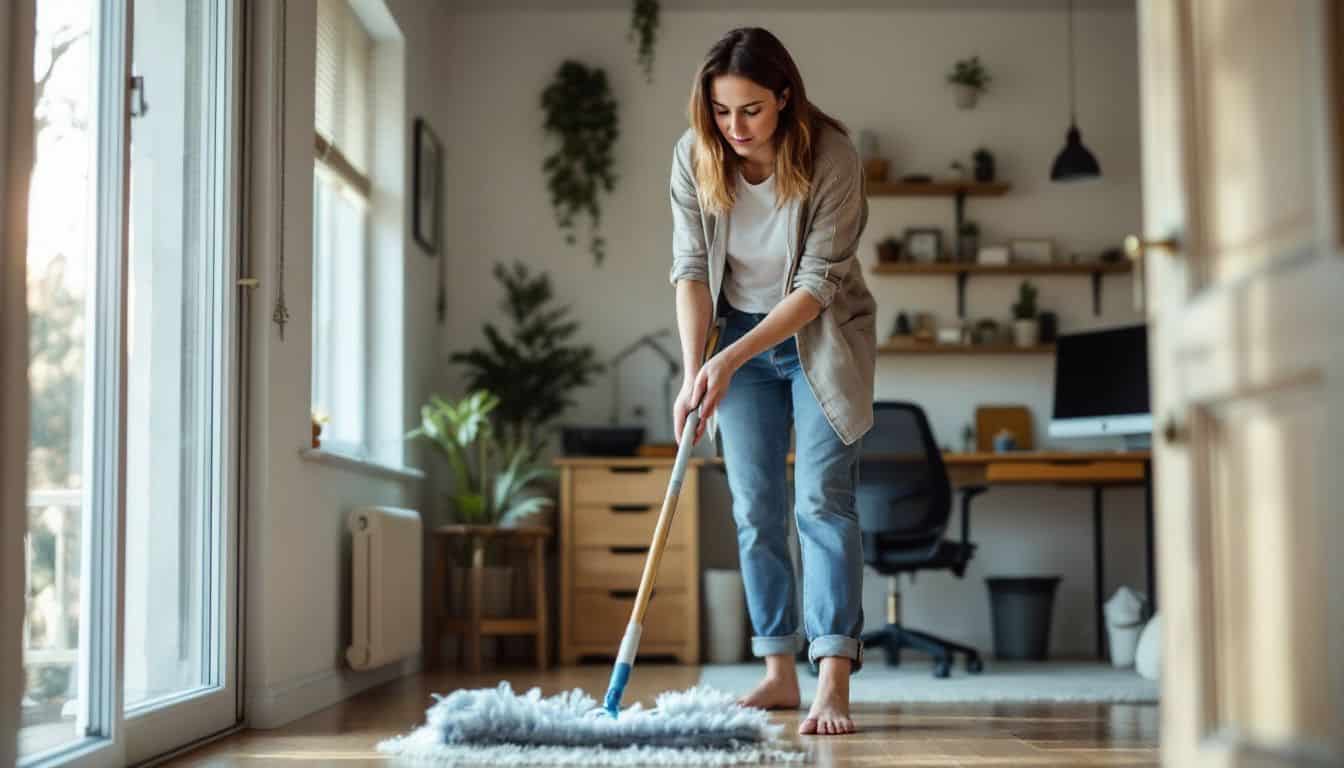 A woman in casual attire mops a hardwood floor at home.