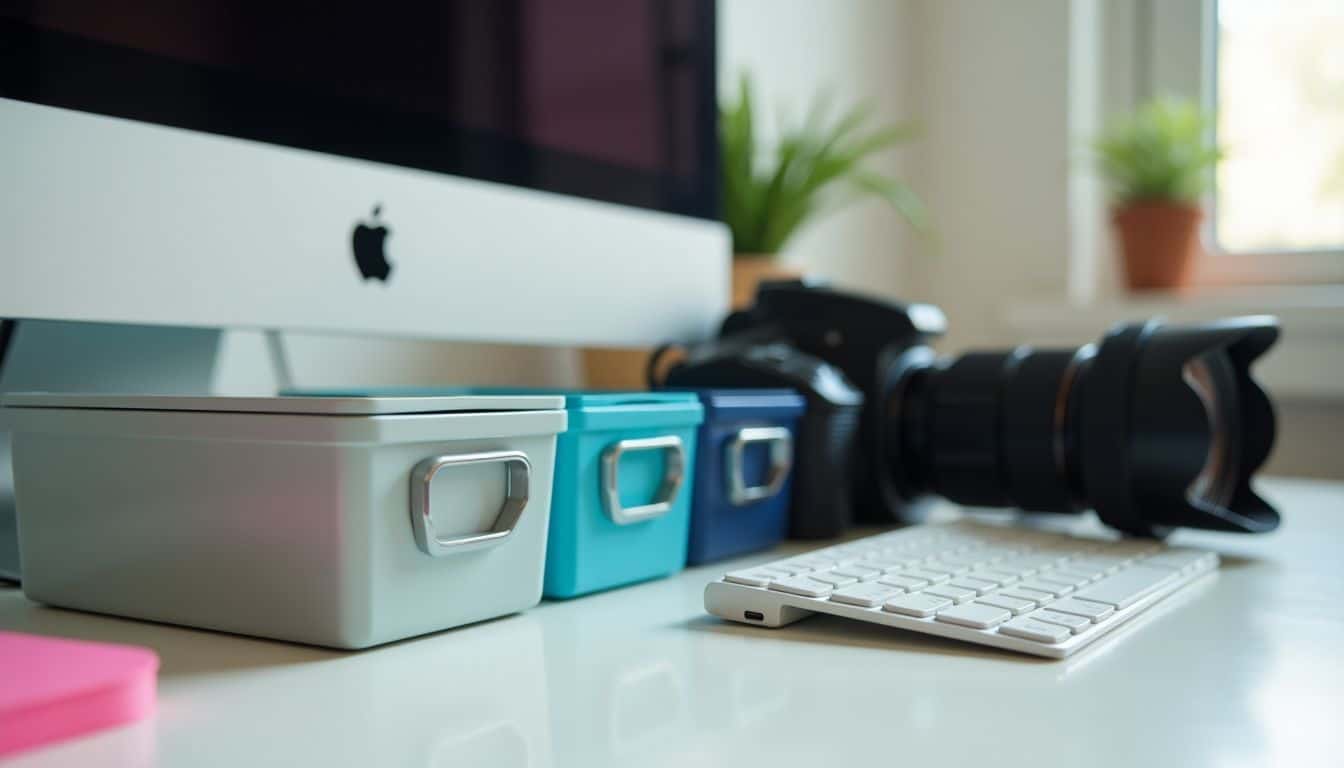 A clean and organized desk with storage bins and cable clips.