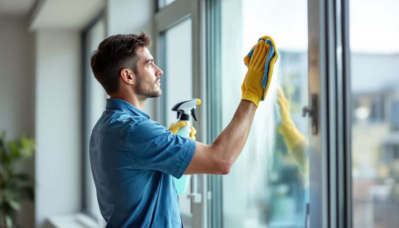 A person cleaning a large office window with a spray bottle.