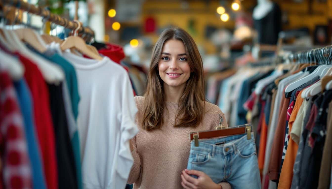 A woman in her late 20s explores vintage clothing in a thrift store.