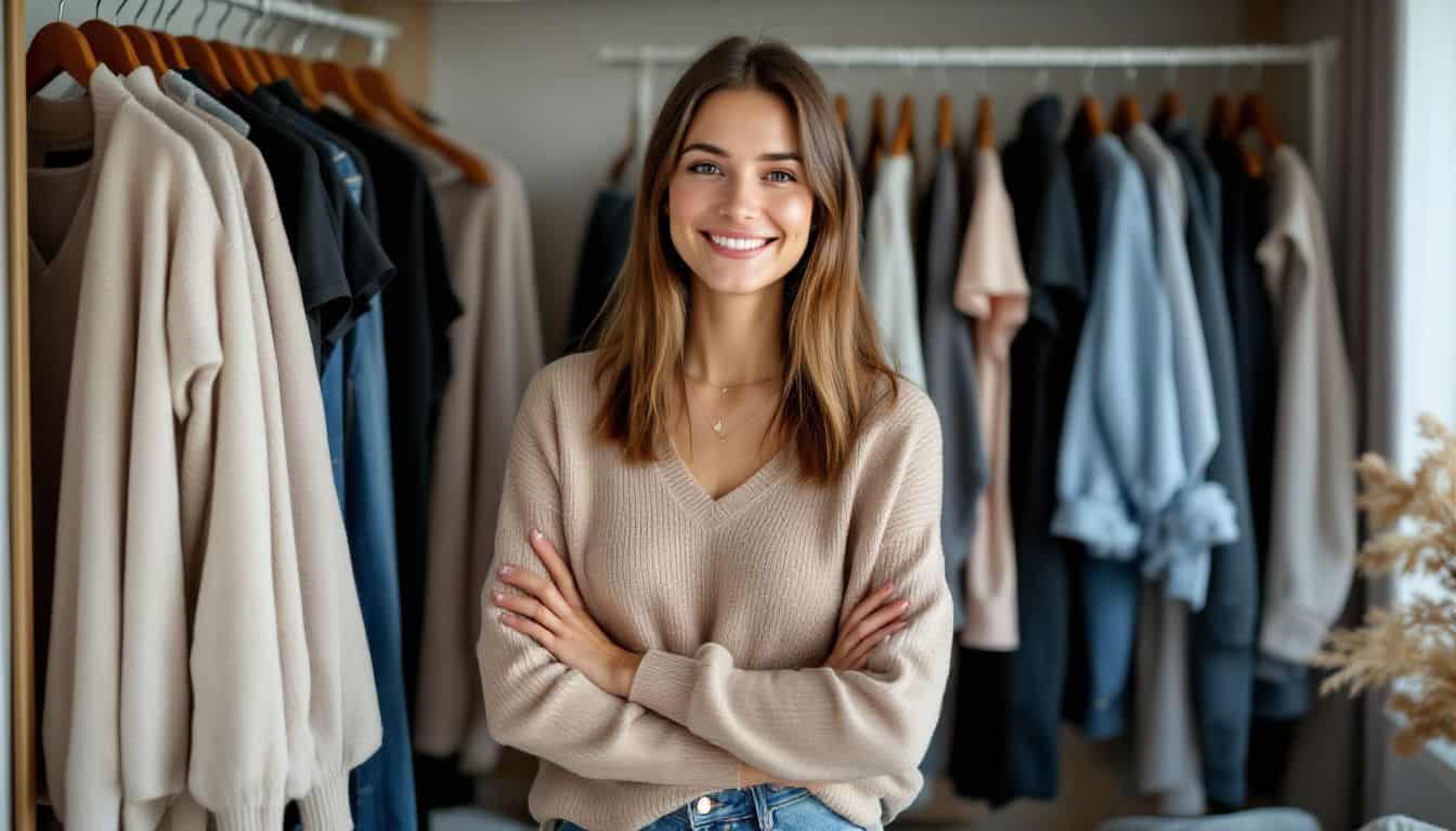 A woman organizing a wardrobe with cozy, versatile clothing in a bedroom.