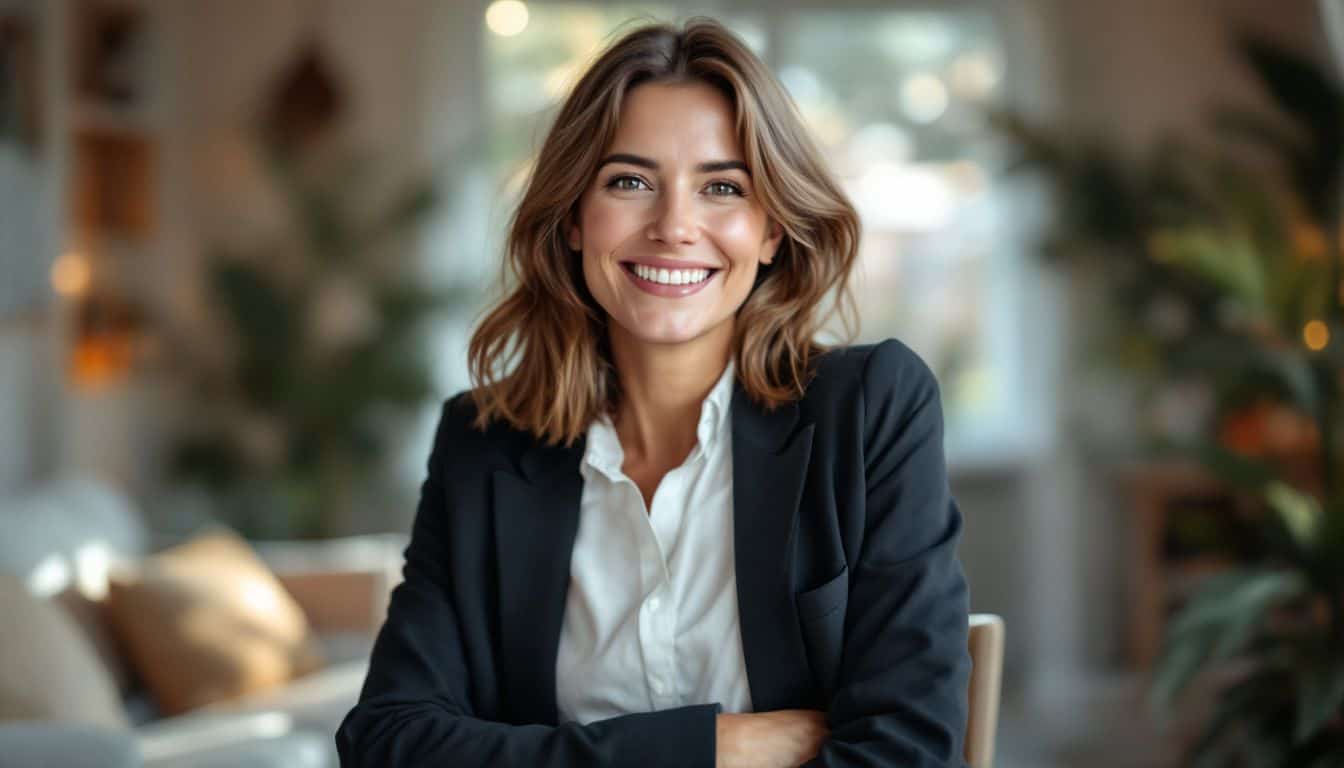 A casually dressed woman in her 30s smiles in a cozy living room.