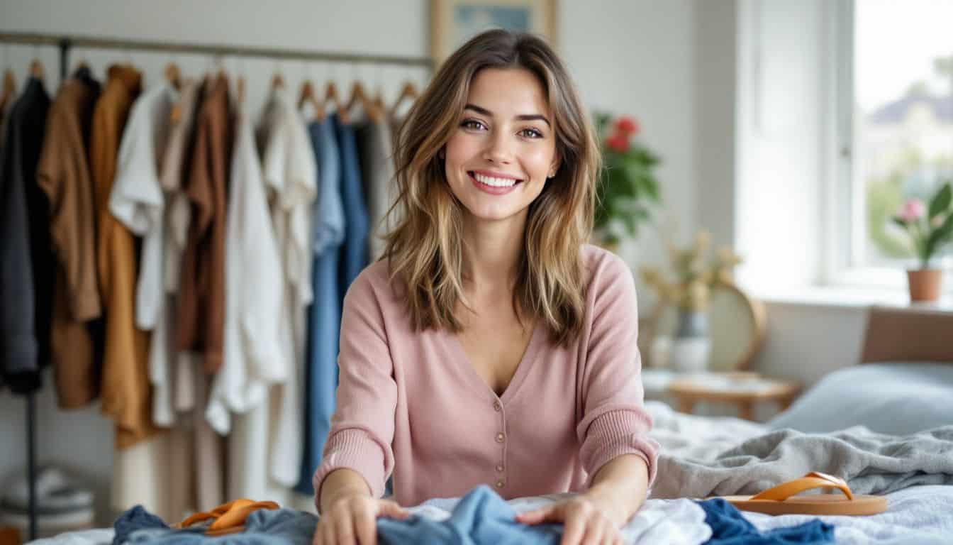 A woman organizing her capsule wardrobe in a cozy bedroom.