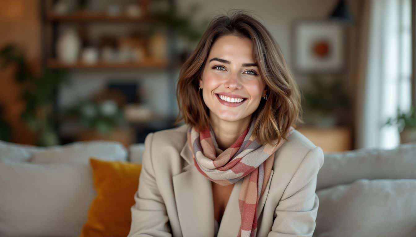 A stylish woman in her 30s sits in a cozy living room.