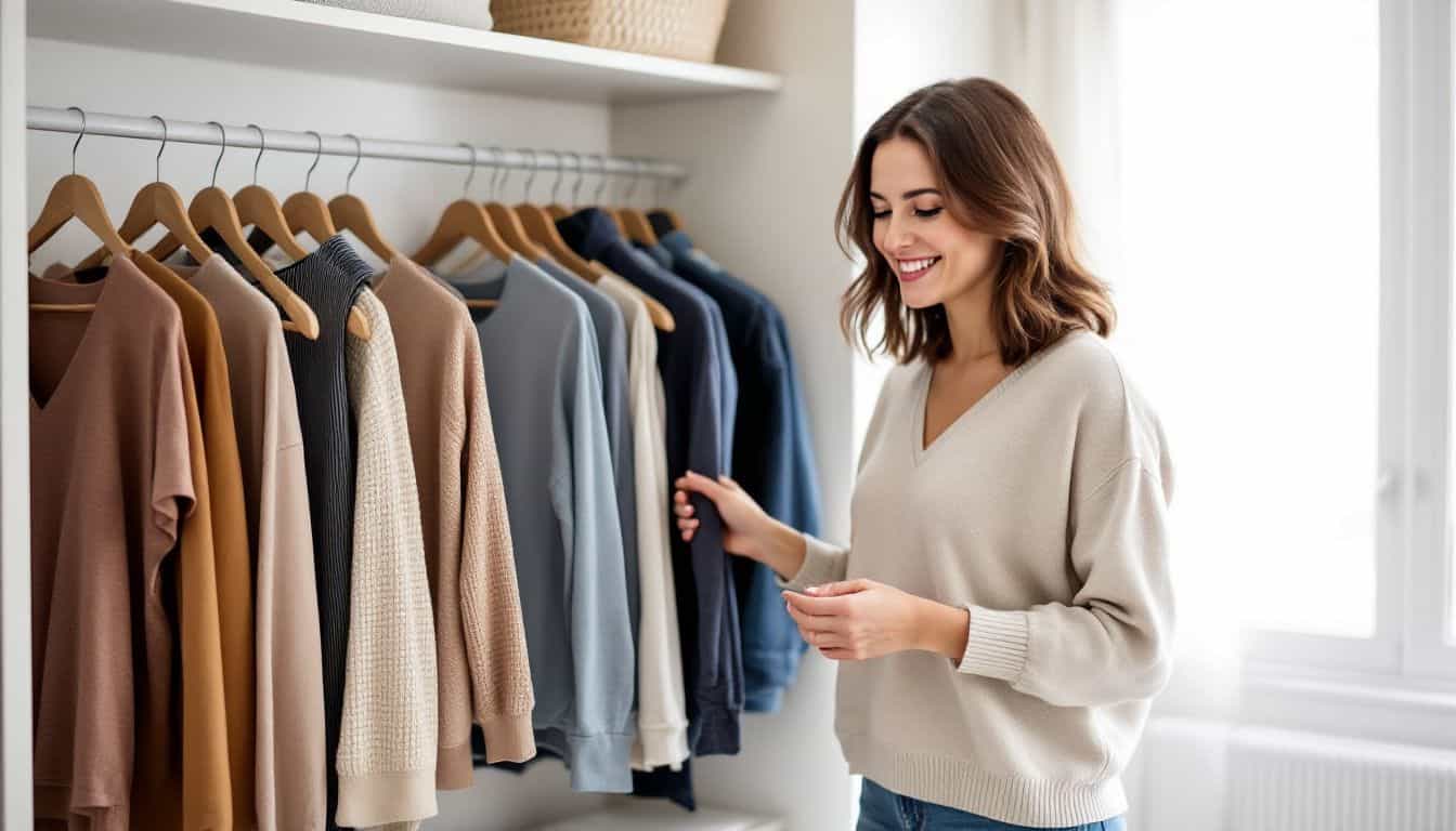 A mother in her mid-30s stands in a well-decorated bedroom, organizing her closet.