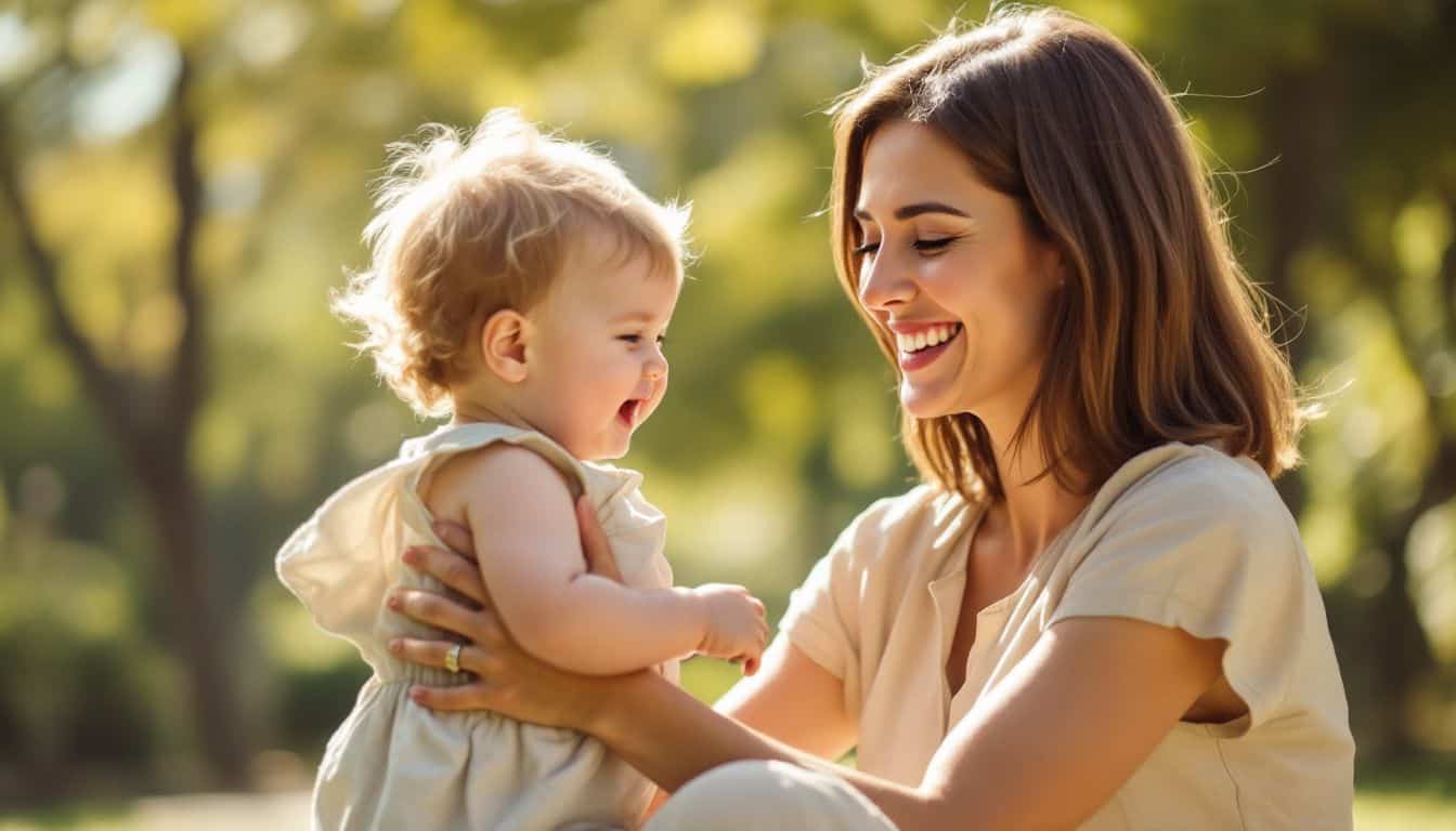 A young mother plays happily with her toddler in a sunny park.