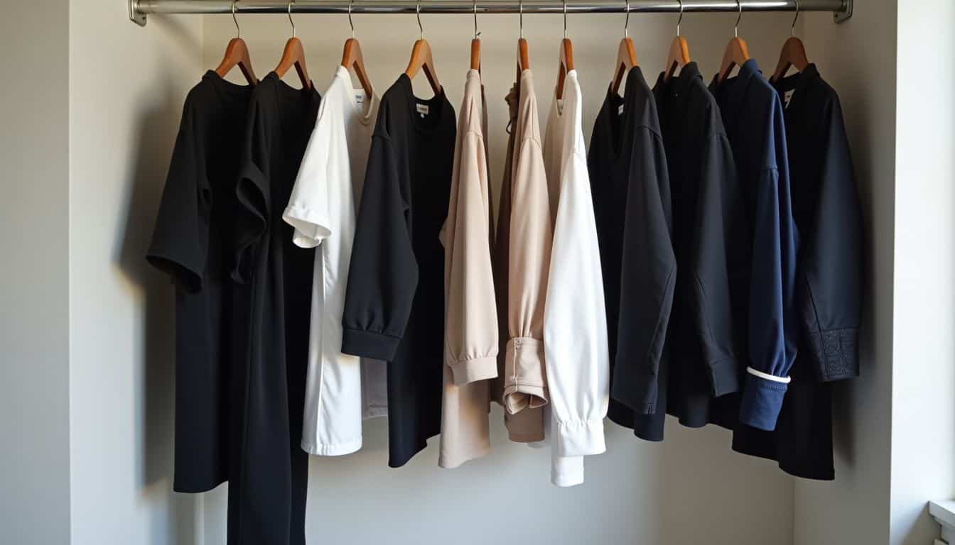 A neatly organized minimalist capsule wardrobe featuring classic style pieces.