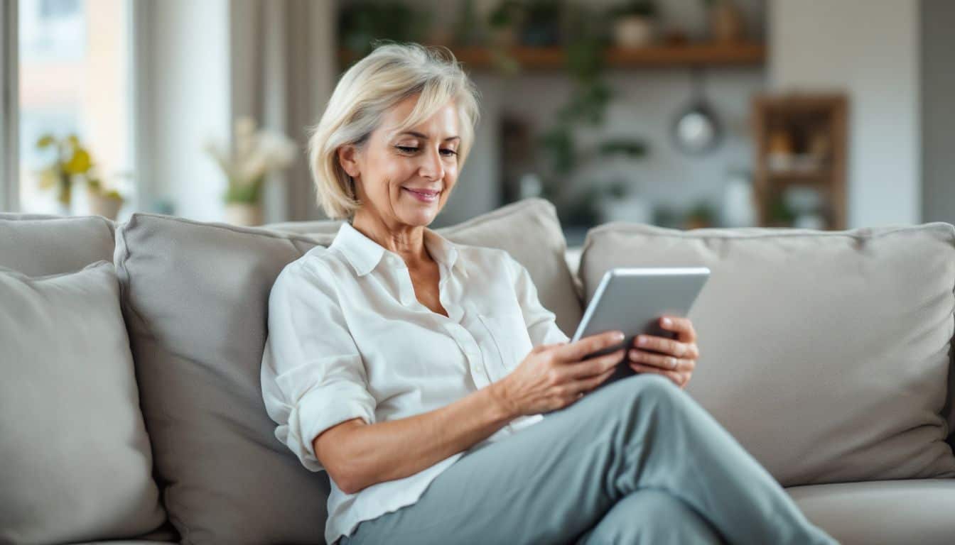 A middle-aged woman sits on a stylish couch browsing social media.