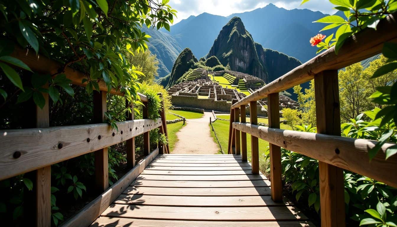 A wooden ramp at Machu Picchu provides accessibility for mobility aids.