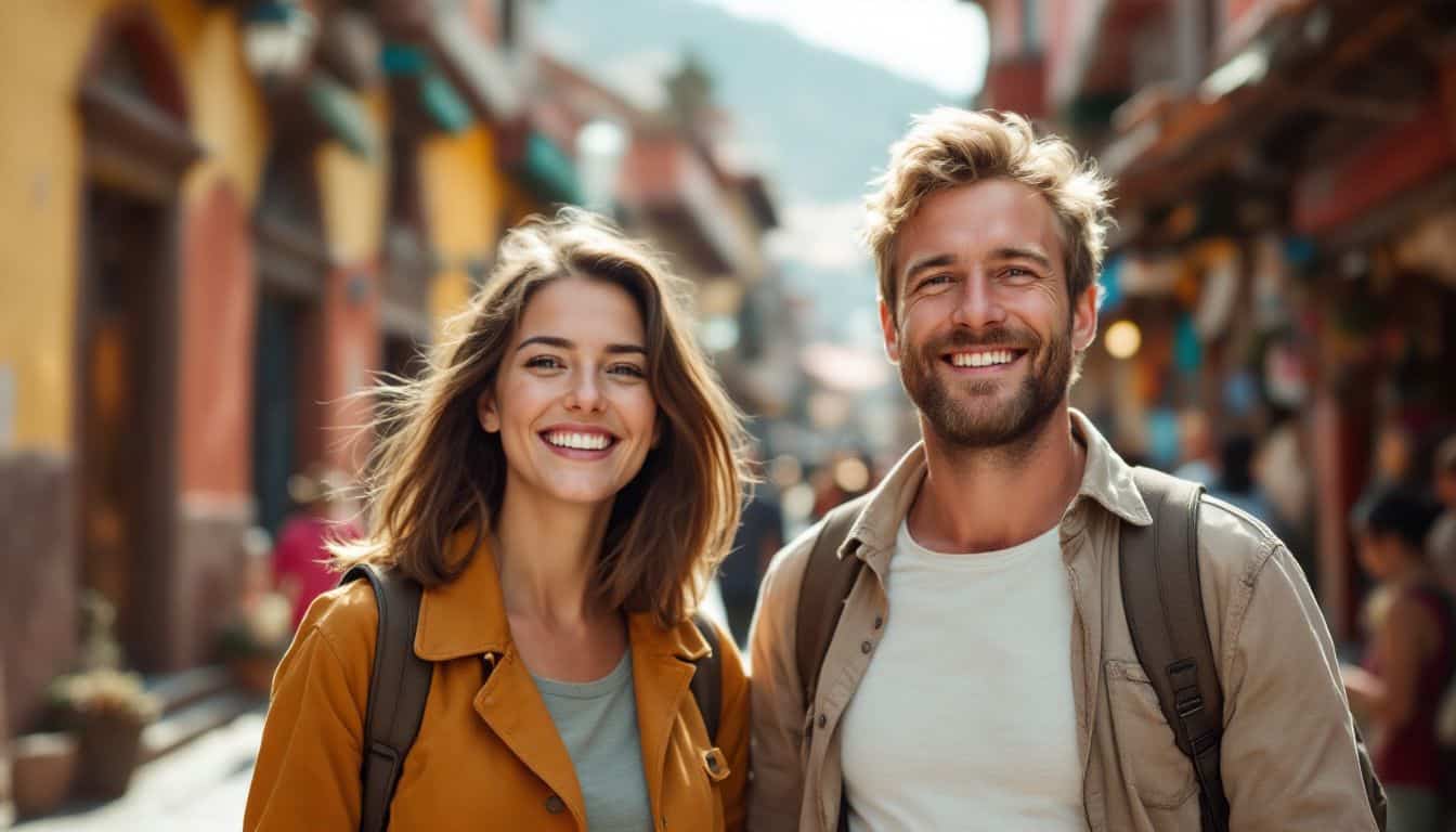 A couple in their mid-30s exploring the ancient streets of Cusco.