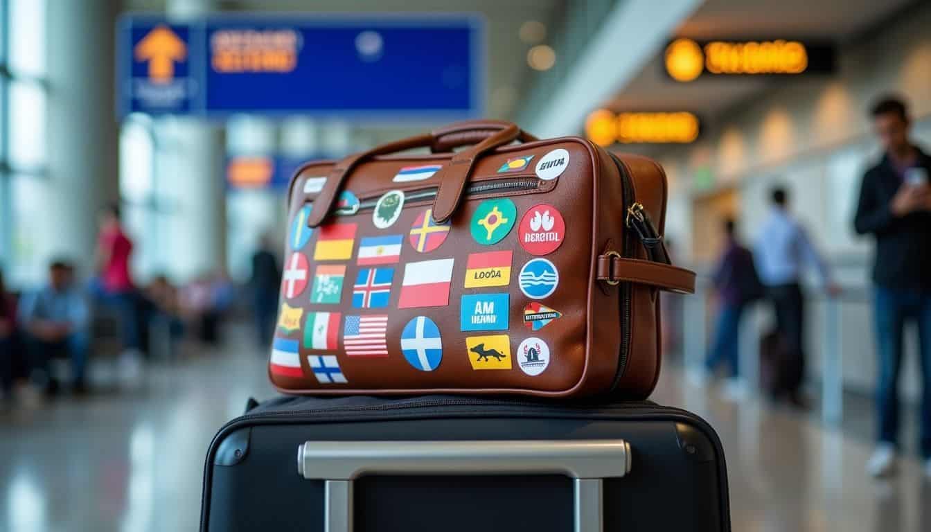 A suitcase covered in travel stickers rests on a luggage cart at Lima Airport.