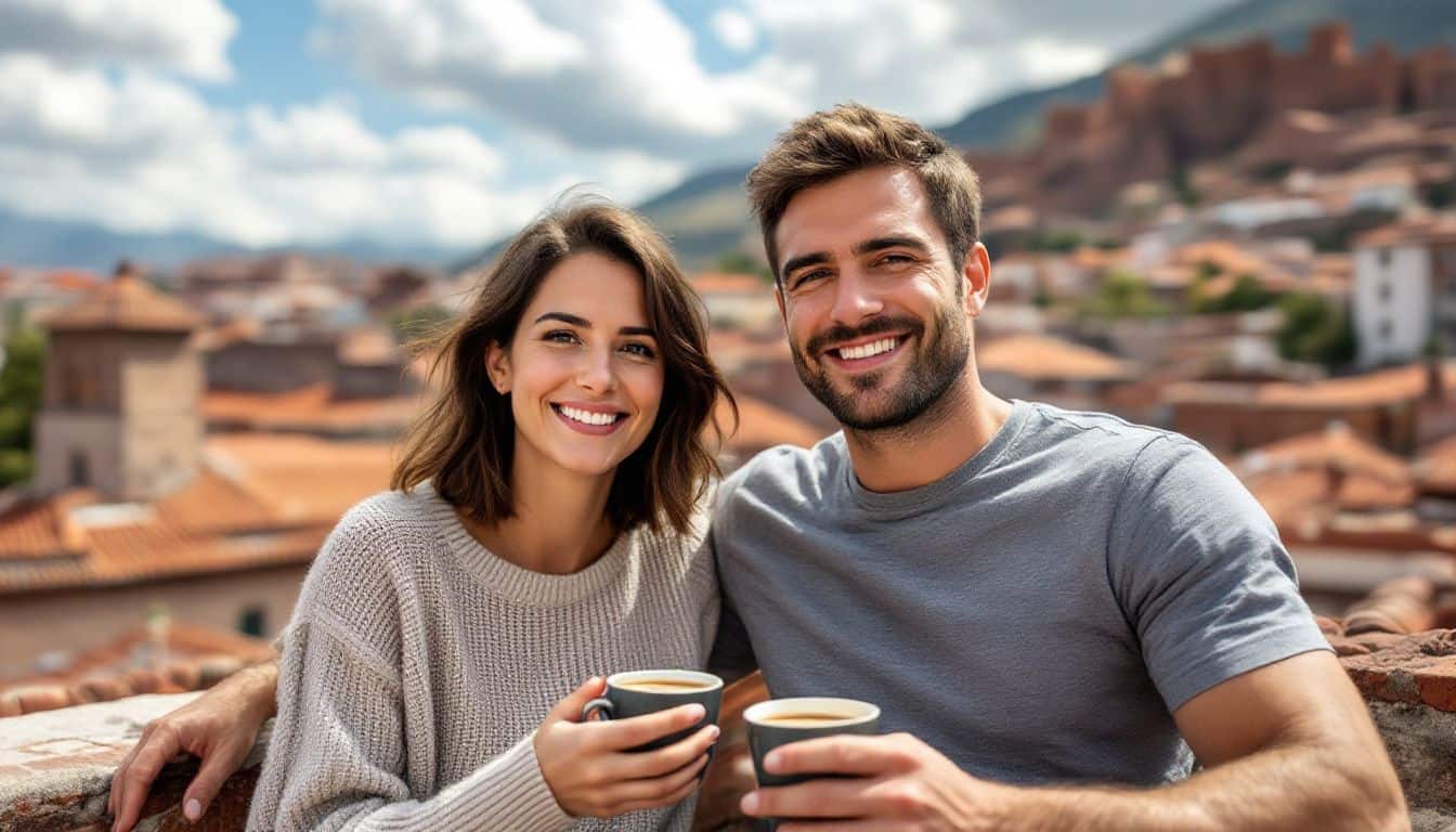 A couple enjoys coca tea on a rooftop terrace in Cusco.