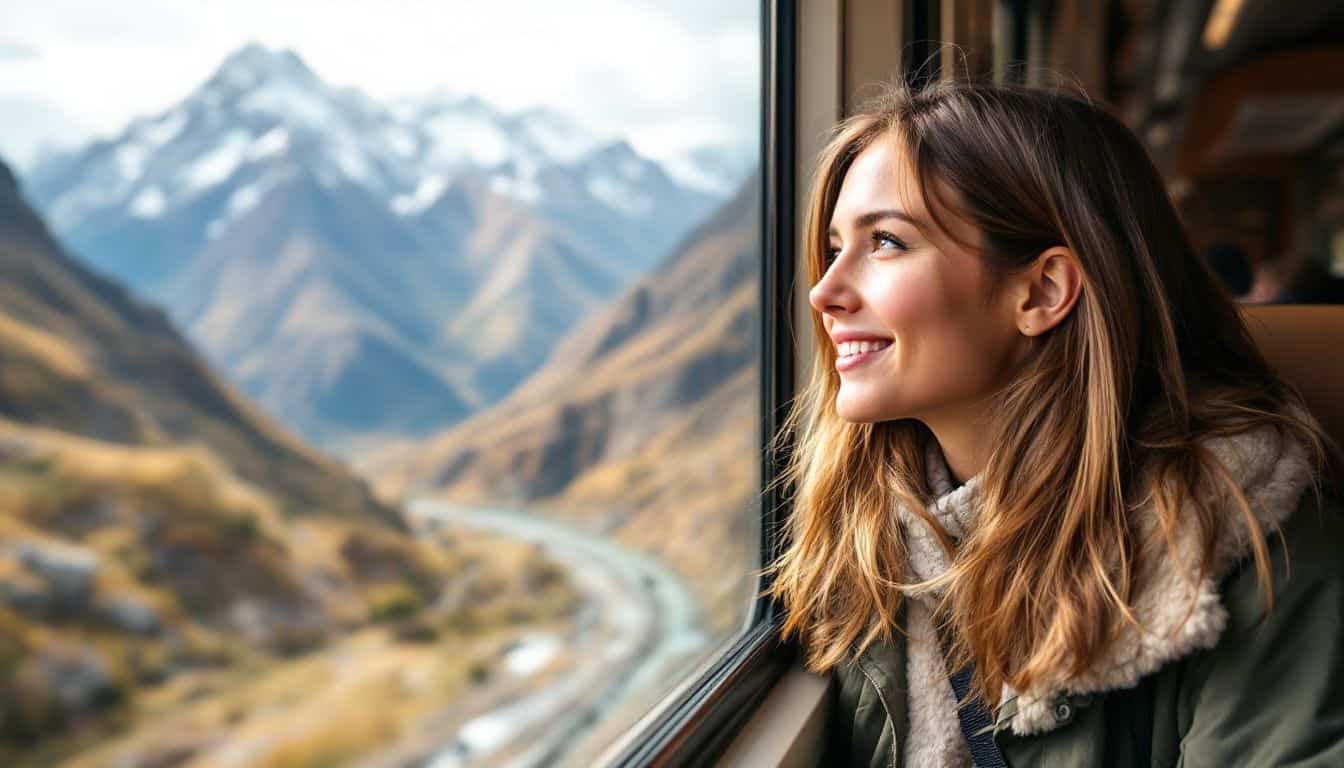 A solo female traveler enjoys stunning Andes views from Peru Rail train.