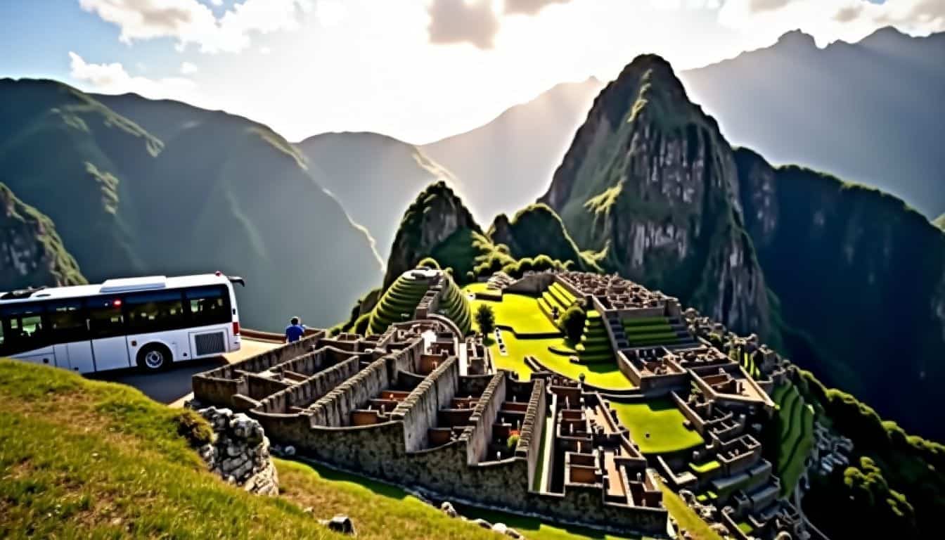 The first light of day illuminates Machu Picchu and surrounding mountains.