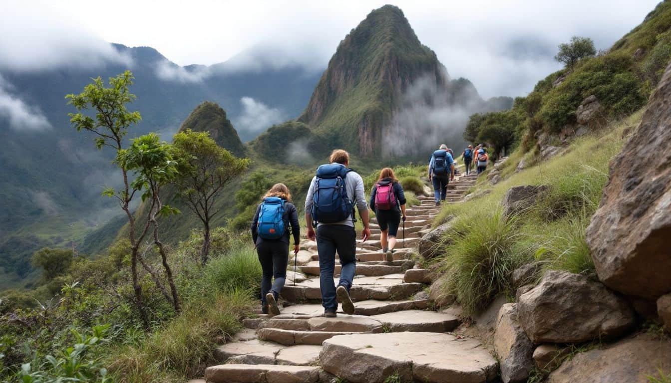 A group of travelers hike a misty trail towards Machu Picchu.