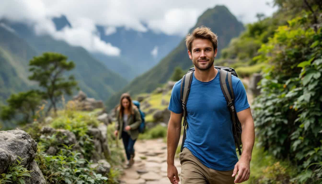 A couple in their 30s walks along the Incan paths to Machu Picchu.