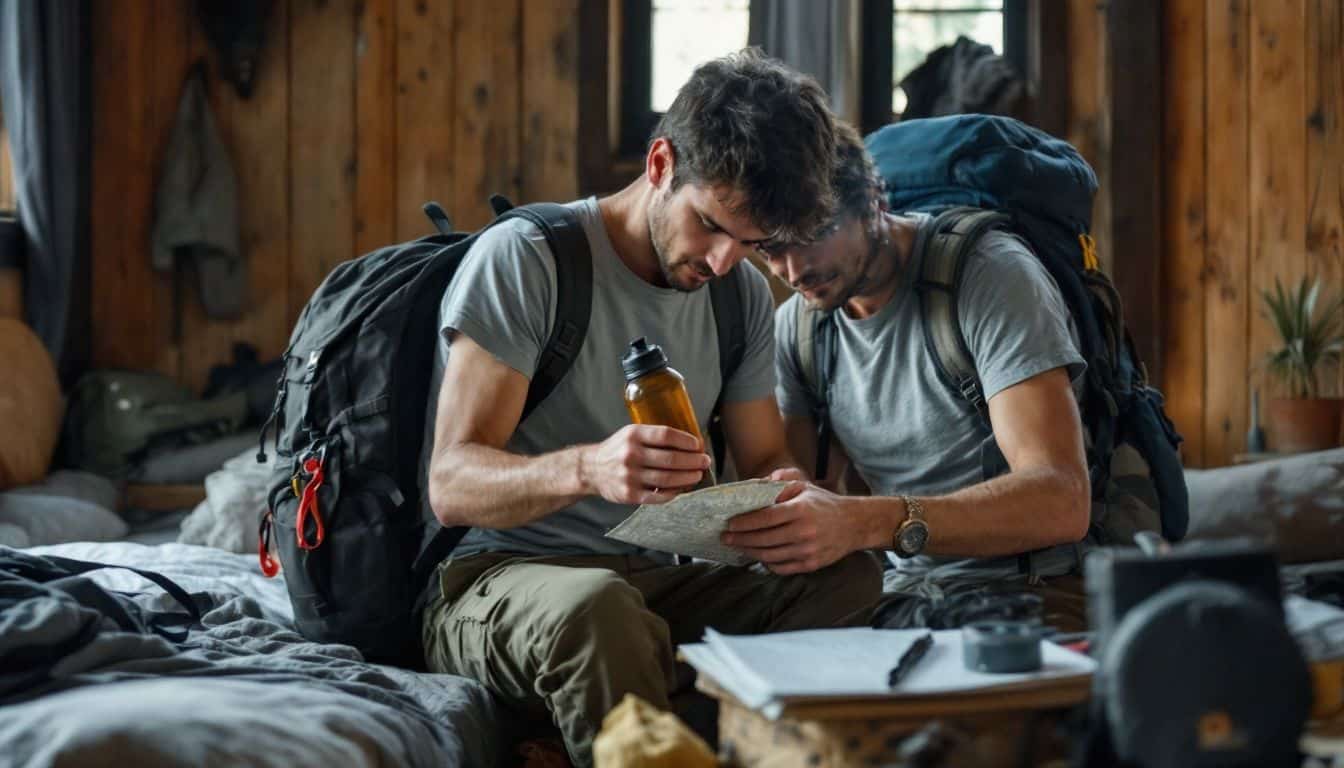 A hiker preparing for a trip to Machu Picchu in a rustic hostel room.