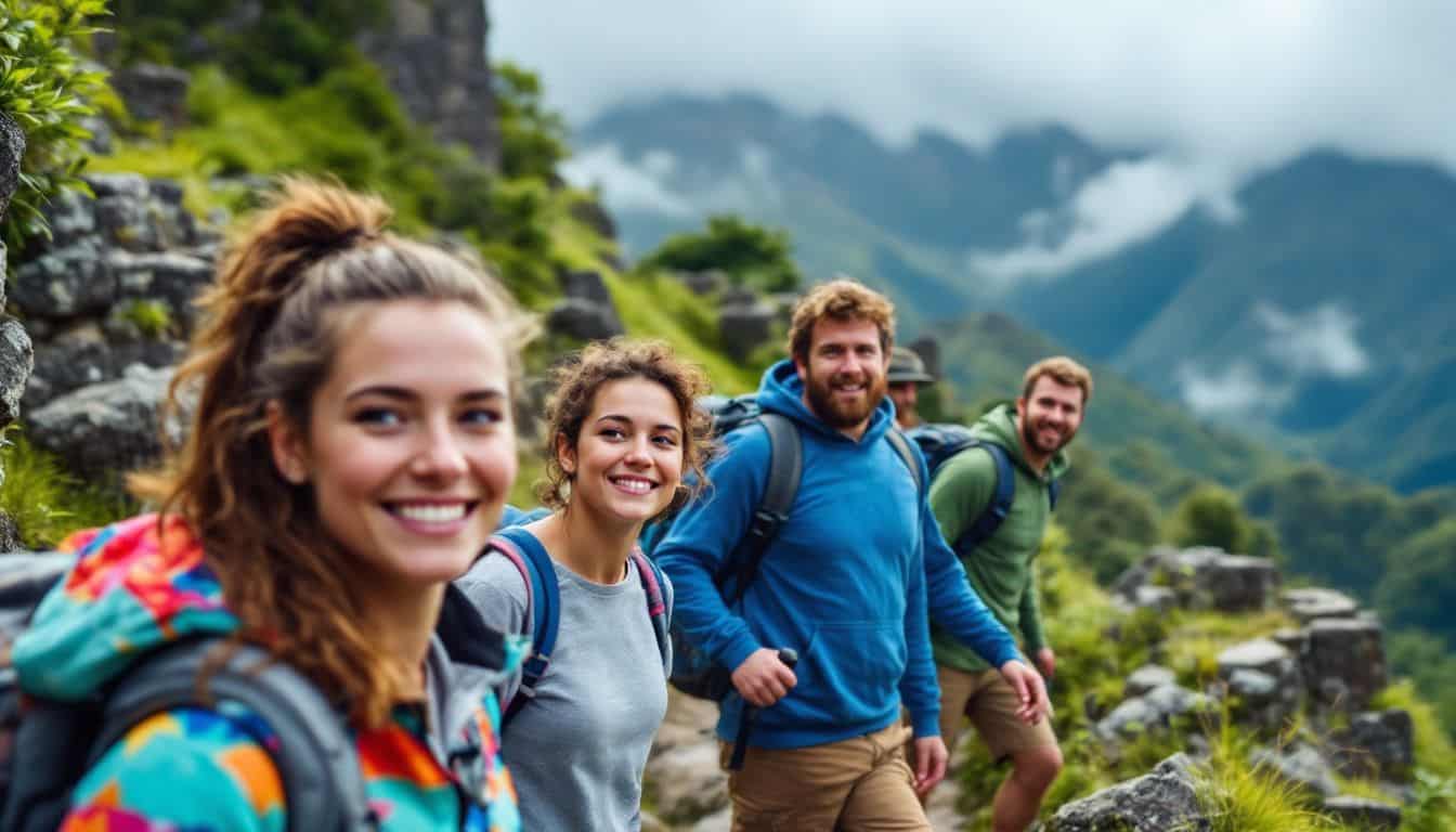 A group of five hikers navigating a steep mountain trail.