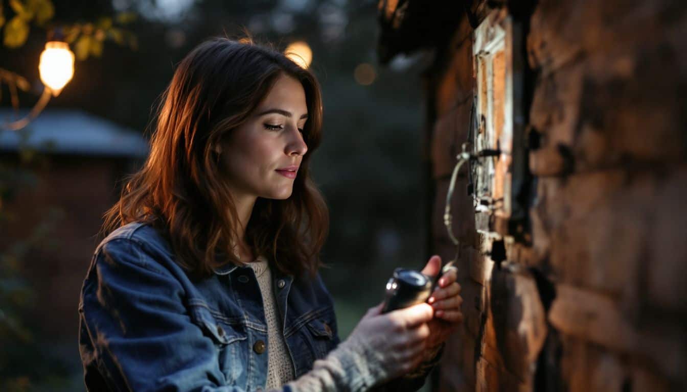 A woman examines her chicken coop at dusk for potential issues.