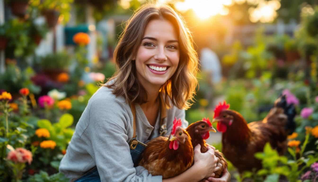 A woman tends to her backyard chickens in a vibrant garden.