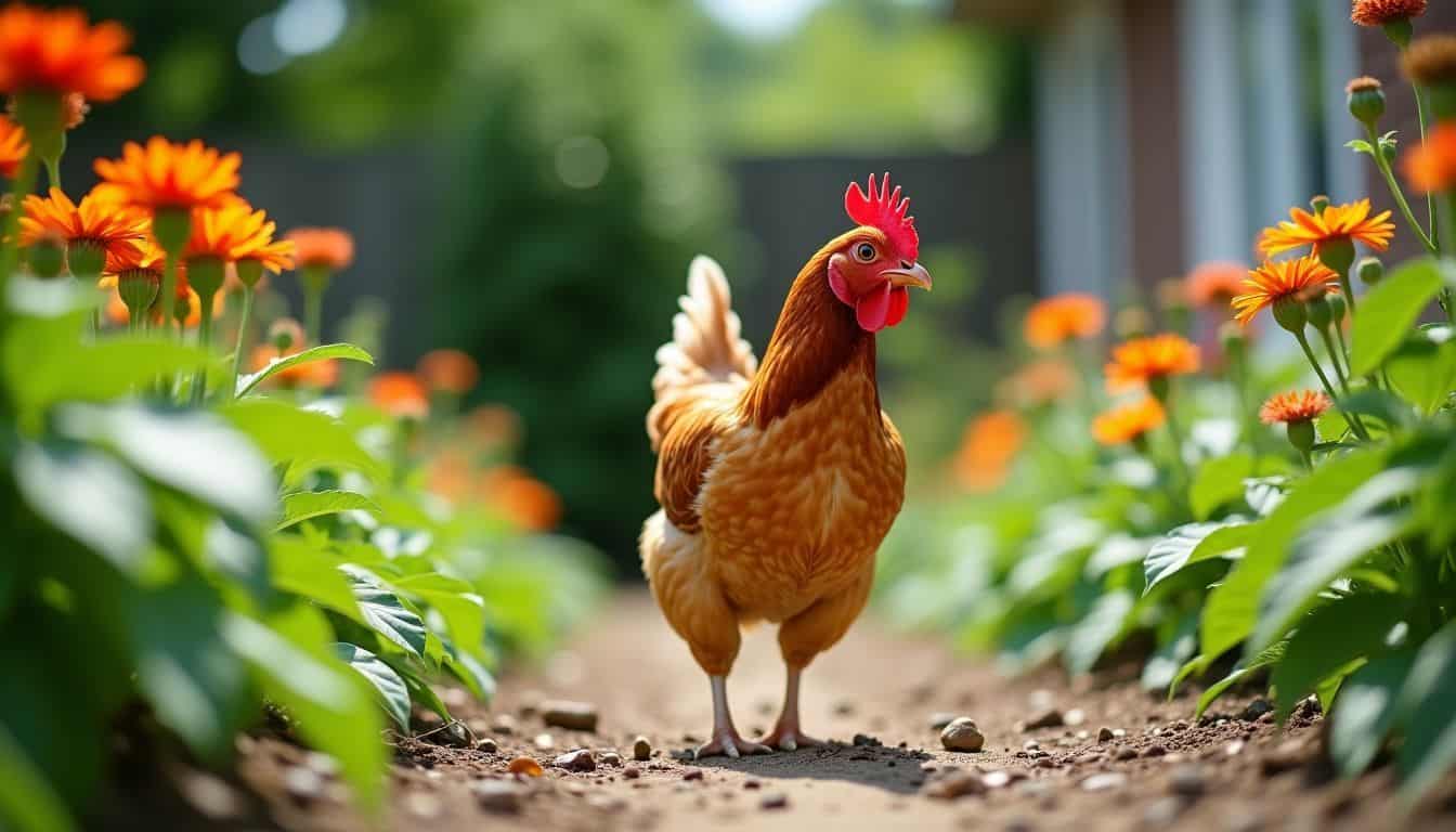 A chicken is pecking in a vibrant backyard garden.