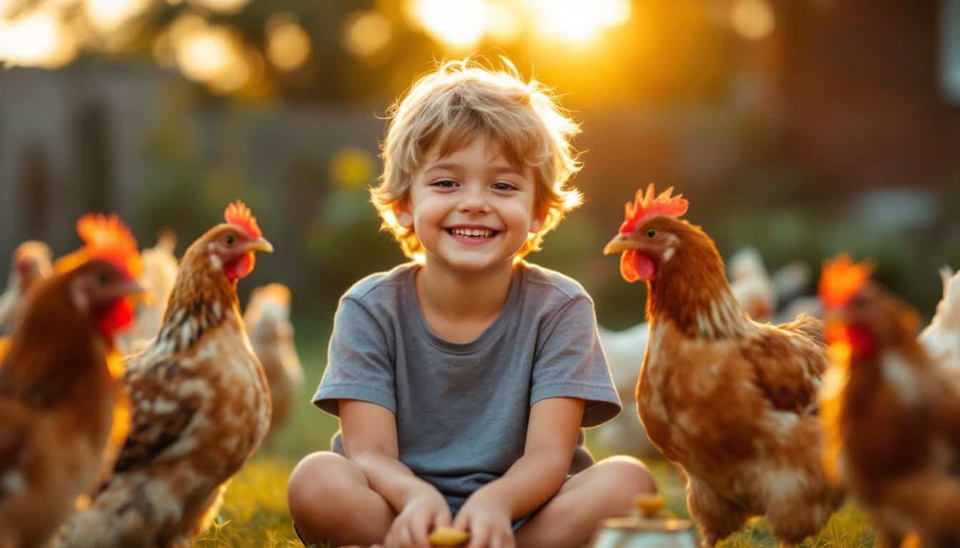 A child teaches chickens simple tricks in backyard at sunset.