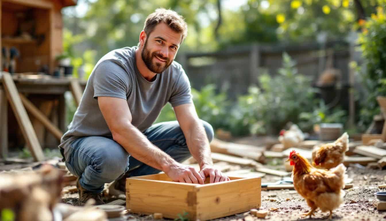 A man in his 40s is constructing a chicken coop in his backyard.