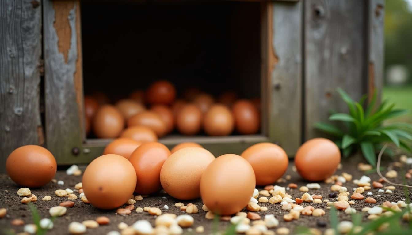 A rustic backyard with a chicken coop and colorful eggs.