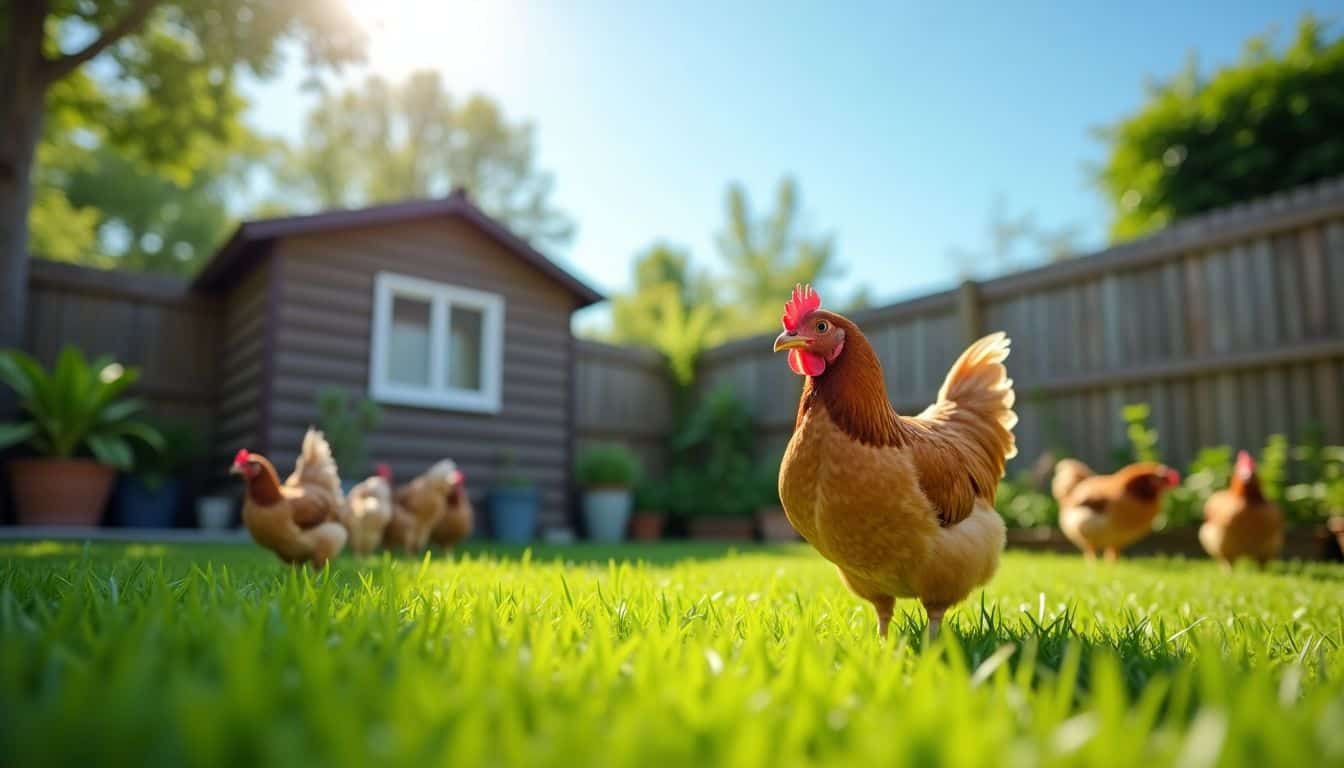 A sunny backyard with a small chicken coop and vegetable garden.