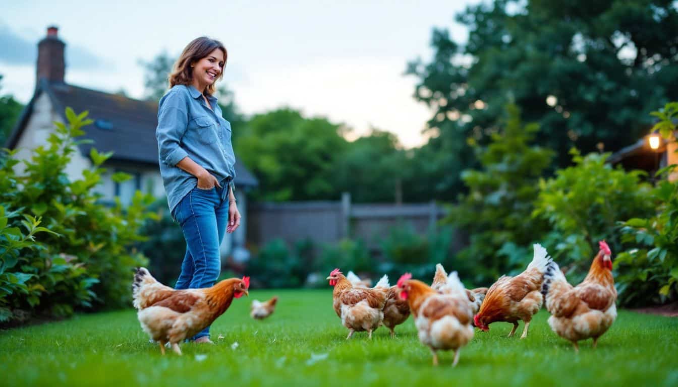 A woman watches over a small, healthy flock of chickens in her backyard.