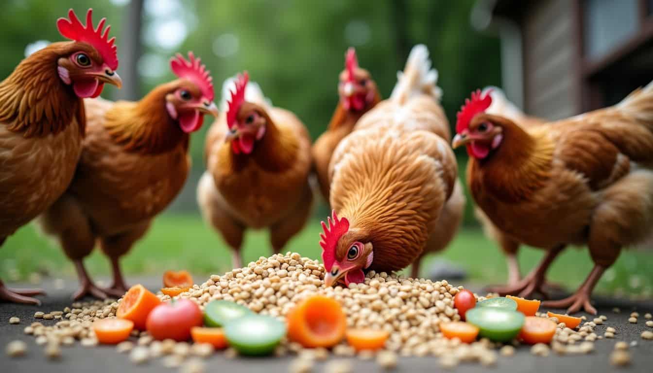 Free-range chickens pecking at a mix of grains and vegetables.