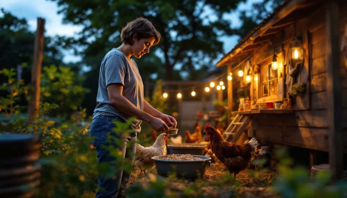 A person tending to their chickens in a cozy backyard coop at dusk.