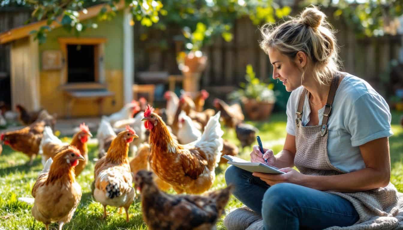 A person in a backyard choosing chicken breeds for a small coop.