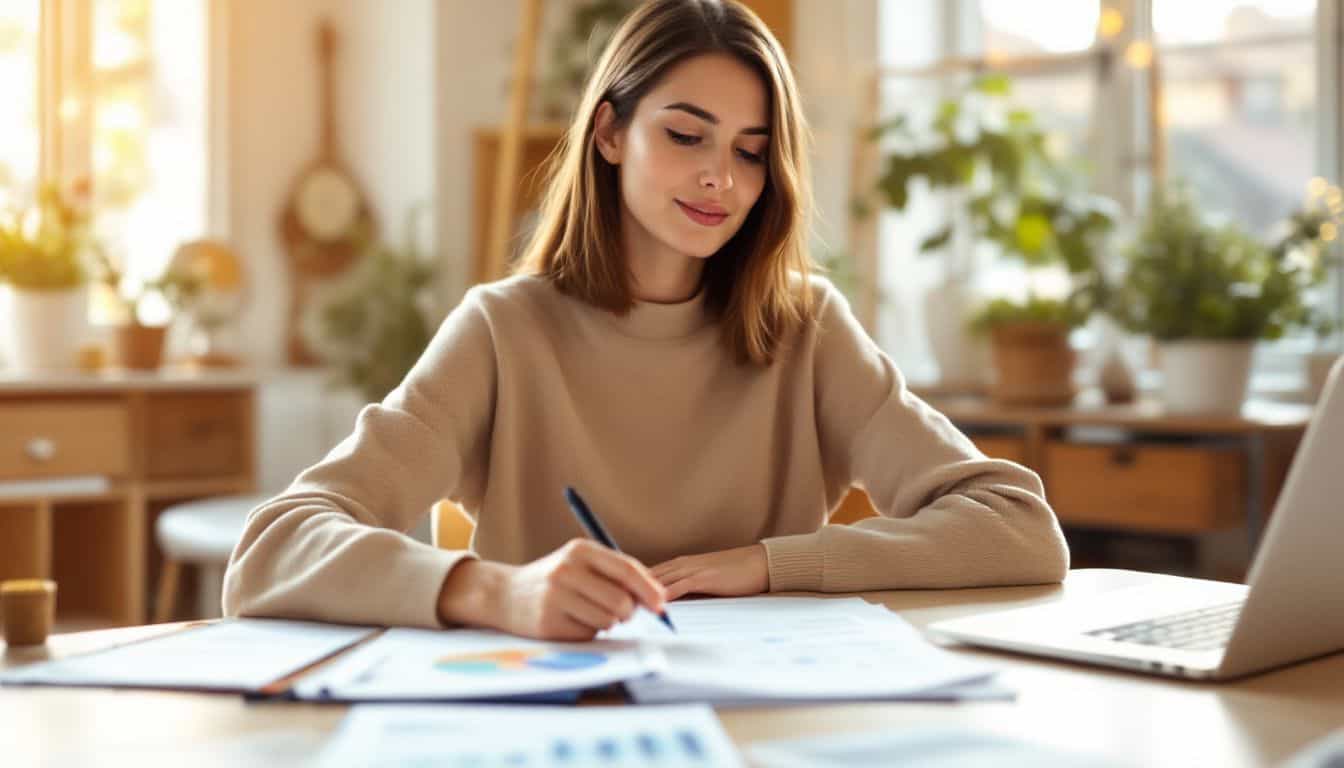 A young woman confidently reviews her budget and investment portfolio at home.