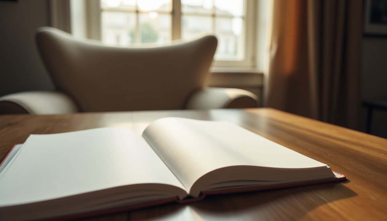 A blank notebook on a wooden desk in a cozy setting.