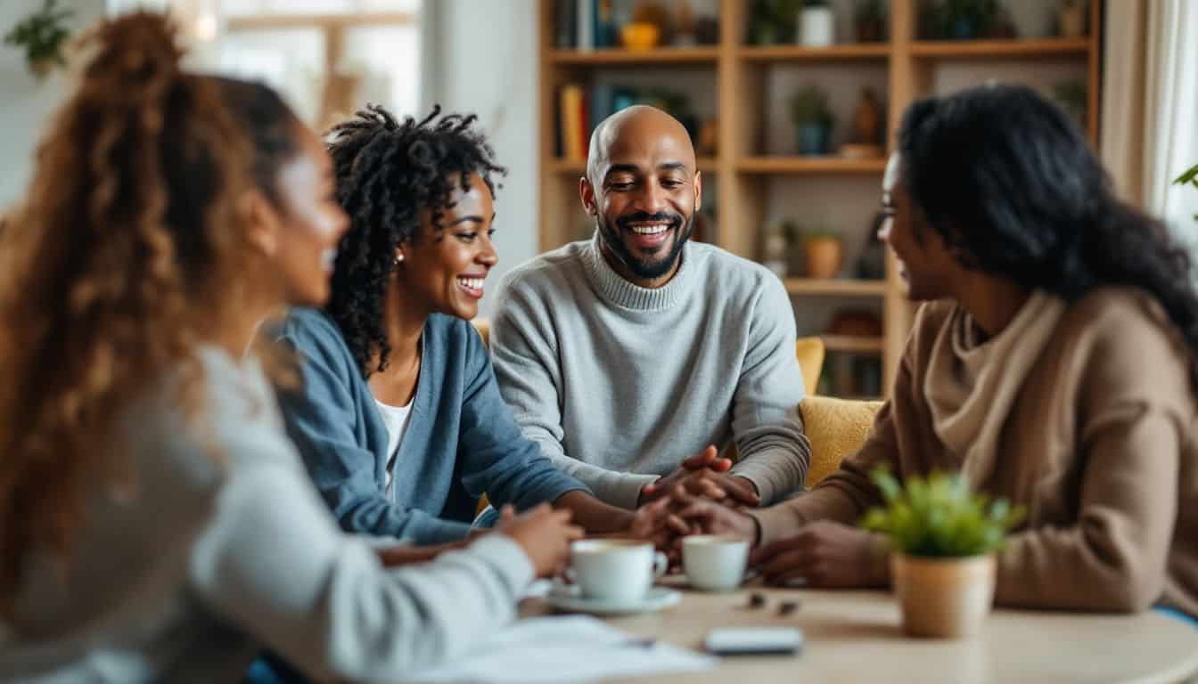 A group of adults gather in a cozy living room for conversation and support.