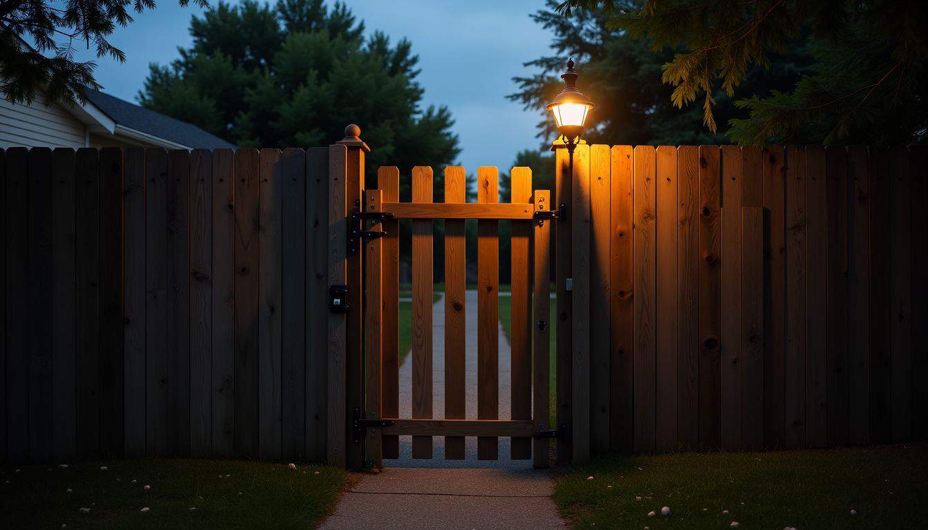 A wooden fence with a locked gate in a suburban neighborhood.