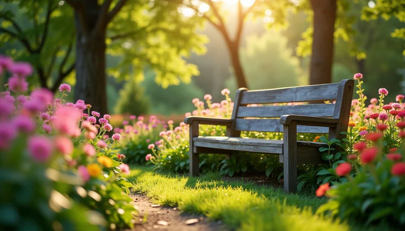 A serene garden with colorful flowers and a weathered bench.